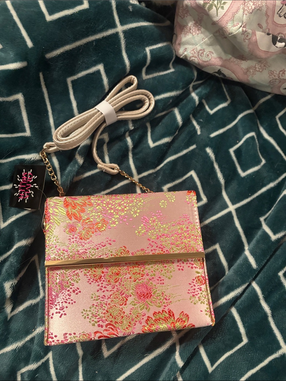 Olivia Miller Pink Floral Metallic Crossbody with Gold Accent